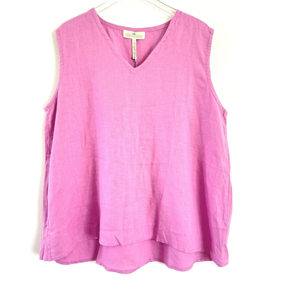 Crown Linen Designs | Women's Sleeveless V-Neck 100% Linen Top in Pink